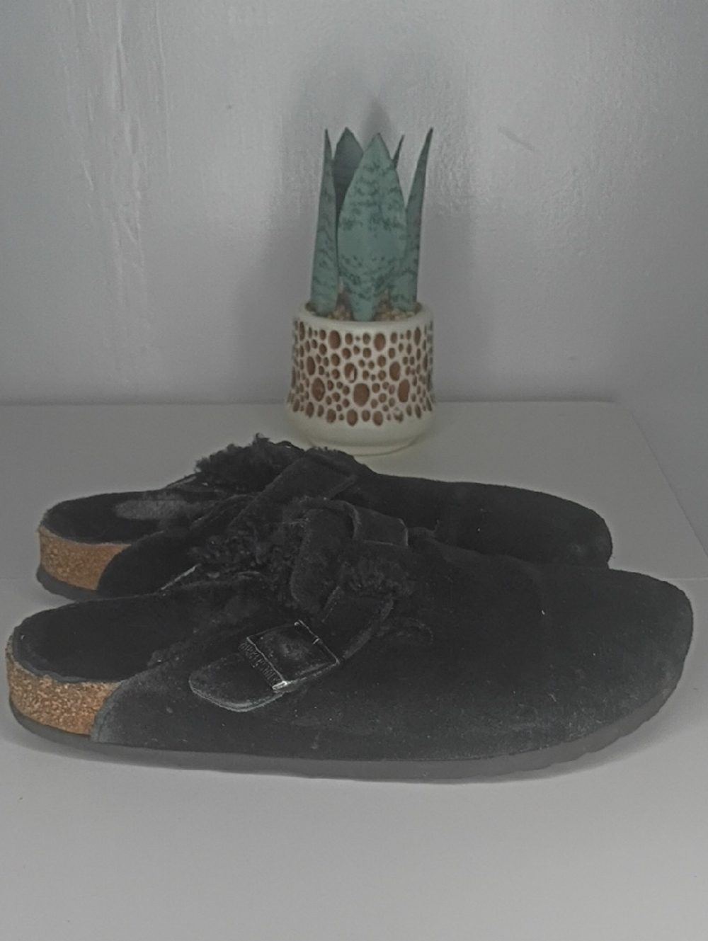 Birkenstock Boston Shirling lined Black Suede Slip-On Clog with Buckle 39 L8 M6